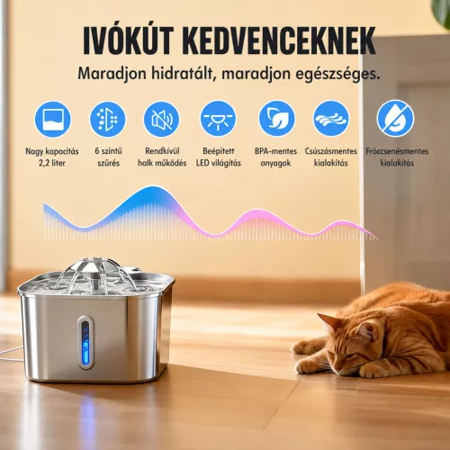 AquaFlow – Rozsdamentes Acél Automata Itatókút kutyáknak és macskáknak USB