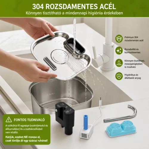 AquaFlow Pro – Rozsdamentes Acél Automata, szenzoros Itatókút kutyáknak és macskáknak beépített akkumulátorral